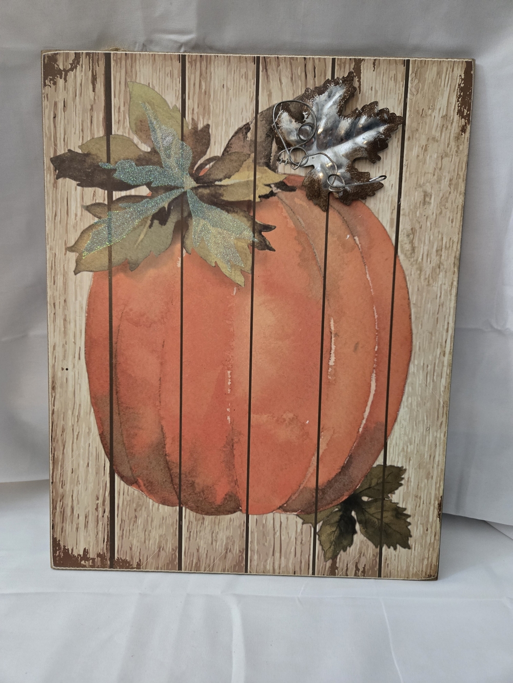 Large Pumpkin Wood Wall Decor Metal Leaf Rustic Farmhouse Fall Harvest 15.5